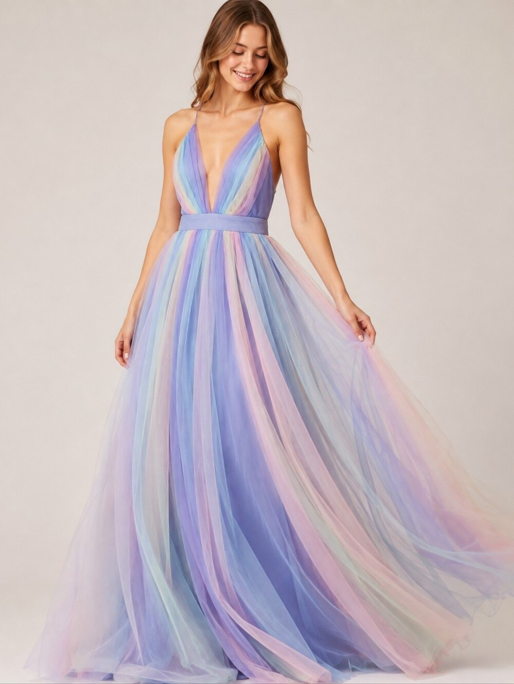 Windsor Pastel Rainbow Tulle Halter Maxi Dress Medium
